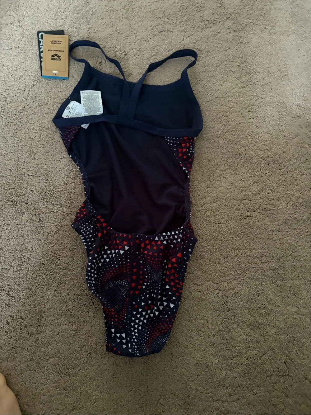 Brand new Arena size 24 Girls' Navy Red Triangle Swirl One-Piece Swimsuit